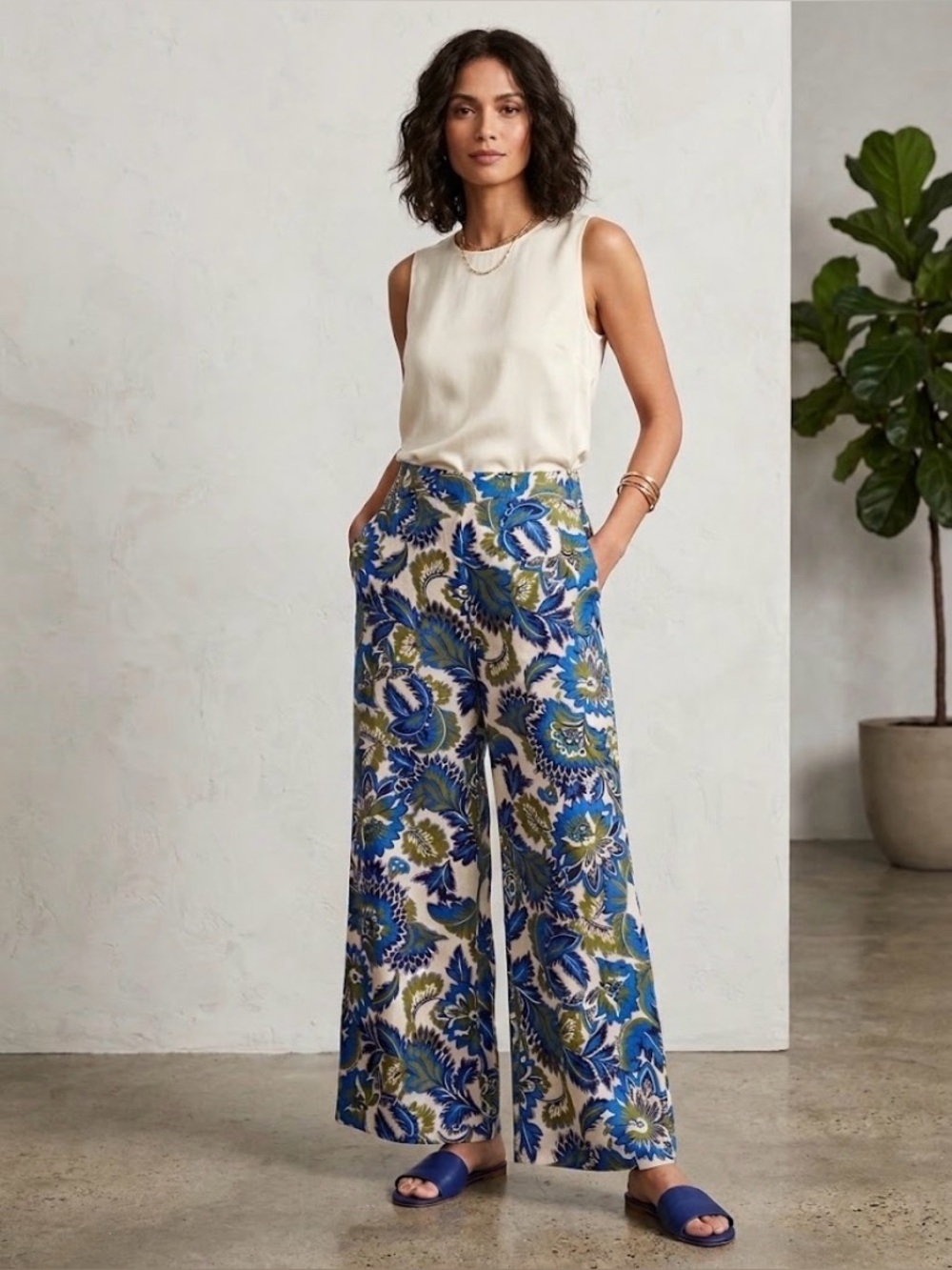 Christian Siriano New York Linen Blend Floral Wide-Leg Pants – Size M – NWOT